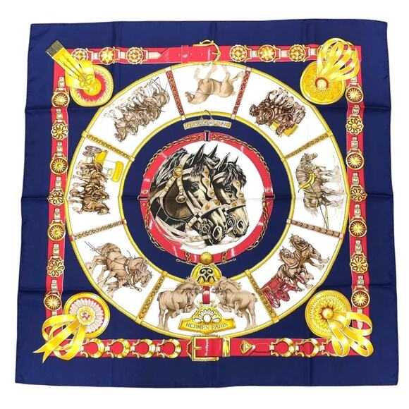 Hermes Carré 90 CHEVAUX DE TRAIT Navy x Multicolor Silk Scarf New W/Box - Picture 2 of 16